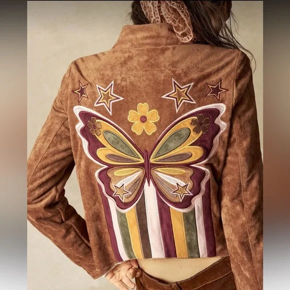 Brown vintage embroidered butterfly floral color block coat jacket tunic top - Picture 6 of 6